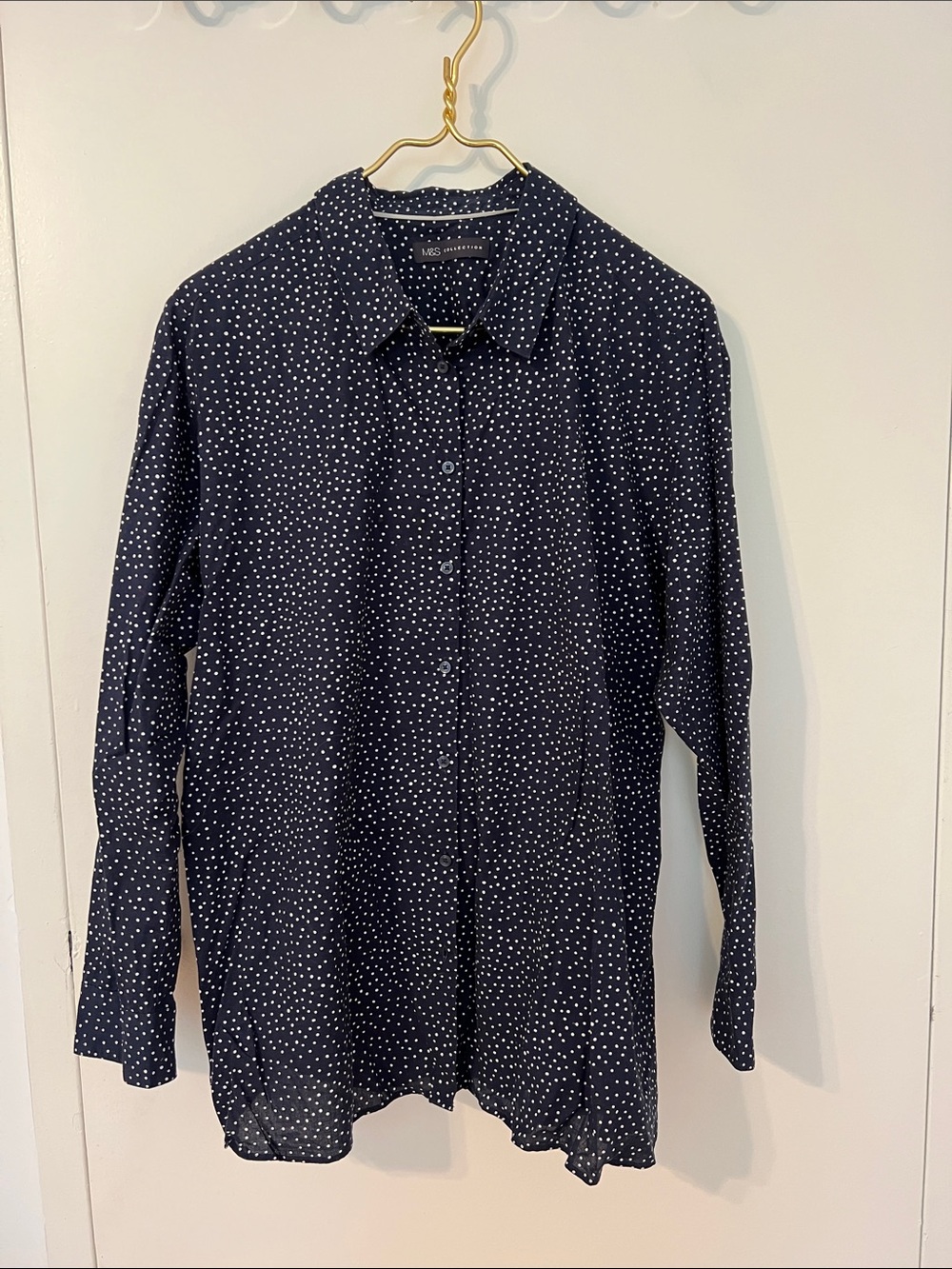 Marks & Spencer Navy Blue Button-Down Shirt with White Polka Dots